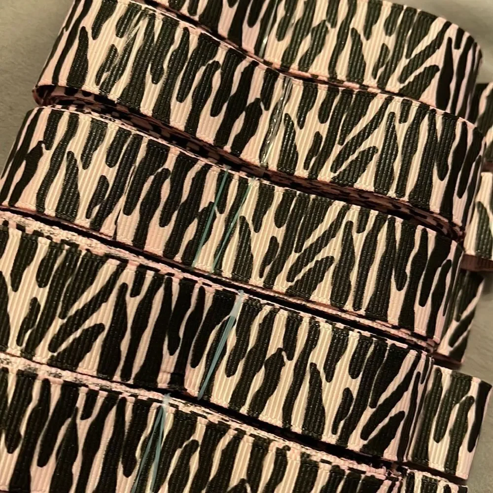 Grosgrain printed Ribbon 7/8” NEW 5 yards light baby pink black zebra stripe